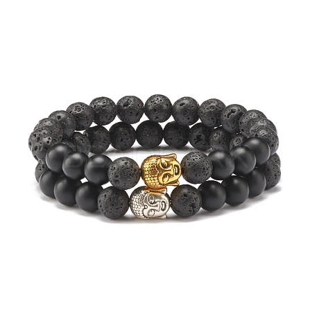 2Pcs 2 Color Natural Lava Rock & Synthetic Black Stone Stretch Bracelets Set with Buddha Head BJEW-JB07707-1