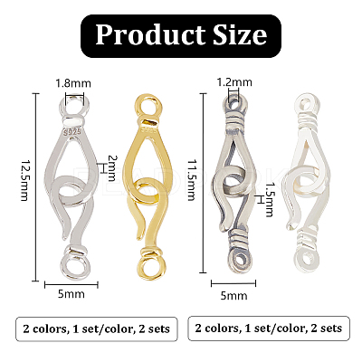 4 Sets 4 Styles 925 Sterling Silver Hook Clasps STER-PH0002-06-1