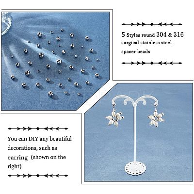 1050Pcs 5 Styles Round 304 & 316 Surgical Stainless Steel Spacer Beads STAS-NB0001-52-1