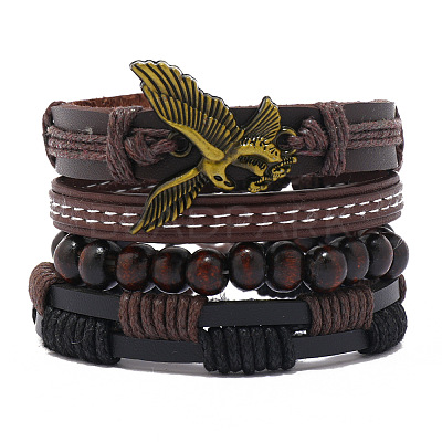 4Pcs 4 Styles Wood Beads Stretch Braceletas & Alloy Artificial Leather Cord Bracelet Sets for Men FS-WG9743B-03-1