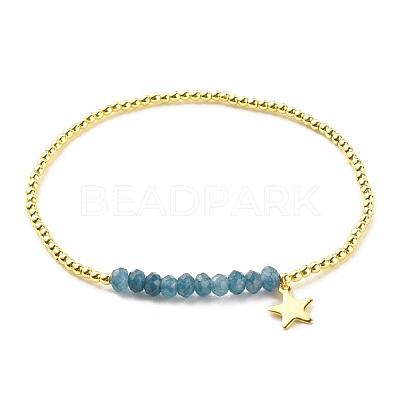 Natural Malaysia Jade(Dyed) Round Beaded Stretch Bracelet with 304 Stainless Steel Star Charms BJEW-JB08059-03-1