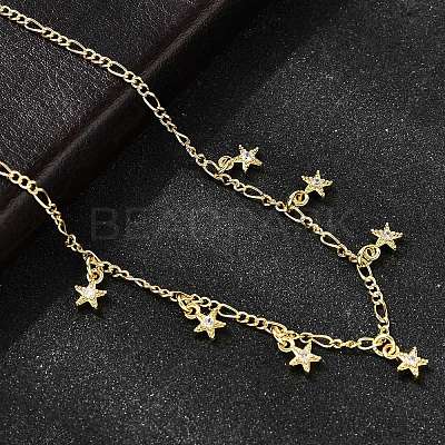 Brass Micro Pave Clear Cubic Zirconia Star Pendant Necklaces NJEW-B157-04G-1