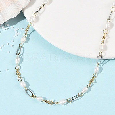 Natural Cultured Freshwater Pearl Rice Beaded Chain Necklaces NJEW-JN06404-1