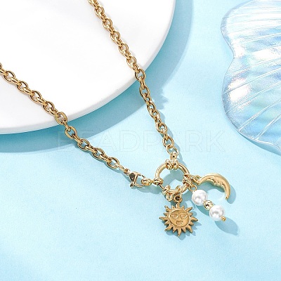 Round White Shell Pearl & 304 Stainless Steel Sun Moon Pendant Necklaces NJEW-JN05649-1