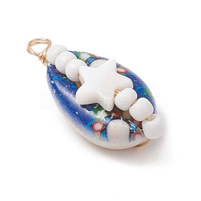 Copper Wired Printed Natural Cowrie Shell Pendants PALLOY-JF03111-1