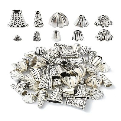 50Pcs 10 Styles Tibetan Style Bead Caps & Cone DIY-YW0008-48-1