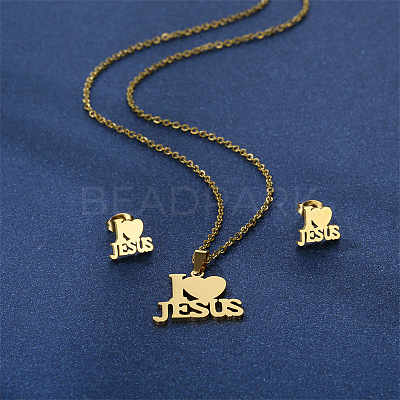 Word I Love Jesus 304 Stainless Steel Pendant Necklaces & Stud Earrings Sets FS-WGBBC94-01-1