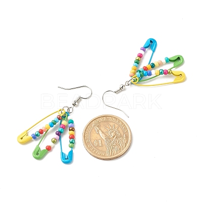 Glass Seed Beaded Safety Pins Long Dangle Earrings EJEW-JE04715-1