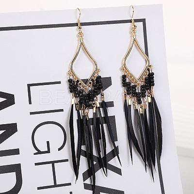 Bohemian Style Alloy Glass Seed Beaded Feather with Rhombus Chandelier Earrings FS-WG1E384-01-1