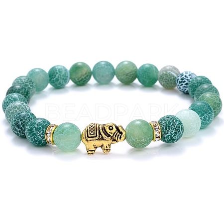 Ethnic Style Antique Golden Tone Alloy Elephant & Round Dyed Natural Weathered Agate Beaded Stretch Bracelets for Women Men QP2163-3-1