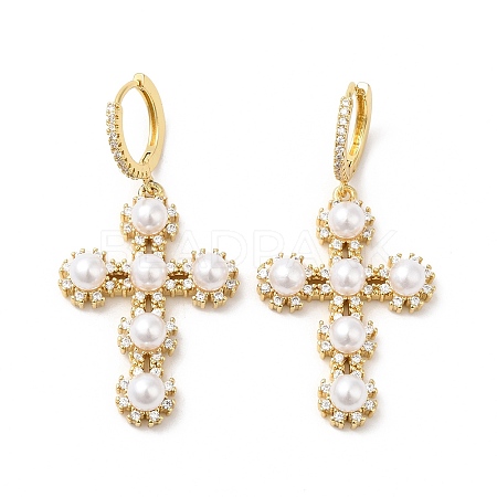 Cubic Zirconia Cross Dangle Hoop Earrings with ABS Plastic Imitation Pearl EJEW-L264-004G-1