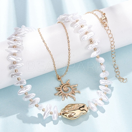 CCB Plastic Sun Pendant Alloy & Imitation Baroque Keshi Pearl Double Layer Necklaces for Women NJEW-Z116-01G-1