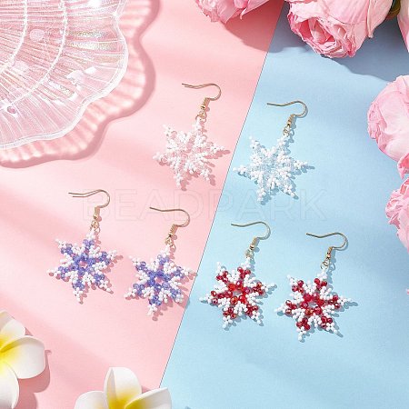 304 Stainless Steel Glass Seed Beads Snowflake Dangle Earrings EJEW-MZ00537-1