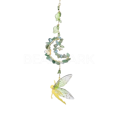 Wire Wrapped Natural Green Aventurine & Aquamarine Chip & Brass Moon Hanging Ornaments HJEW-TA00216-1