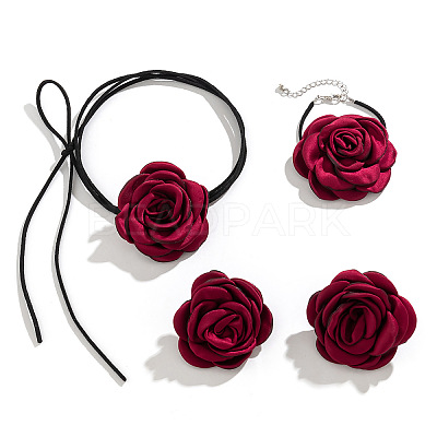 Rose Faux Suede with Satin Fabric Pendant Choker Necklace & Stud Earring & Bracelet FS-WG3A334-01-1