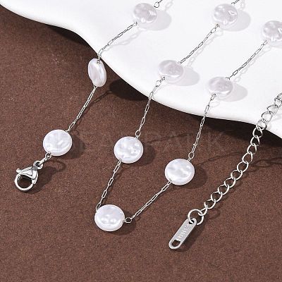 304 Stainless Steel with ABS Plastic Pearl Flat Round Bead Cable Chain Necklaces for Women NJEW-G190-03P-1