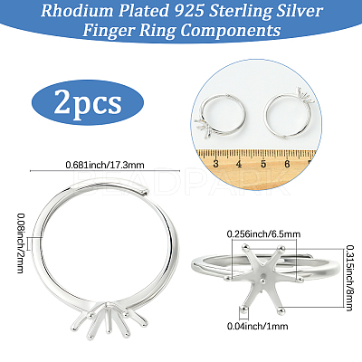 2Pcs Adjustable Rhodium Plated 925 Sterling Silver Finger Rings Components STER-BBC0008-60-1