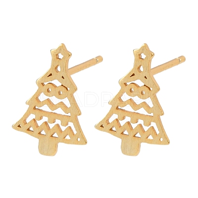 925 Sterling Silver Hollow Christmas Tree Stud Earrings EJEW-F397-01G-1