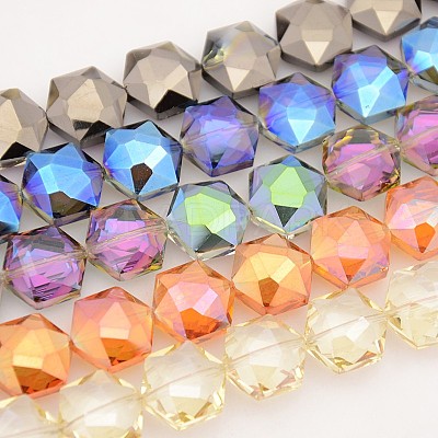 Hexagon Electroplate Full Rainbow Plated Glass Beads Strands EGLA-P015-M-1
