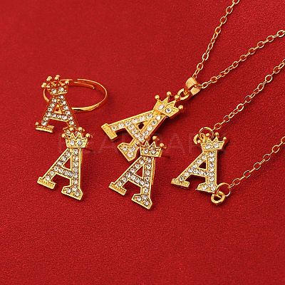 Letter Crown Alloy Rhinestone Pendant Necklaces & Stud Earring & Rings & Bracelet Sets for Women FS-WG4B6BC-02-1