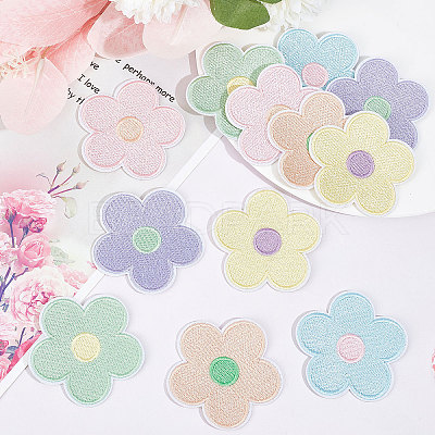 Macaron Color 5-Petal Flower Shape Iron on/Sew on Computerized Embroidery Polyester Clothing Patches DIY-WH0401-62-1
