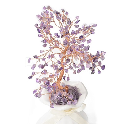 Natural Amethyst Chips with Brass Wrapped Wire Money Tree on Ceramic Vase Display Decorations DJEW-B007-01B-1