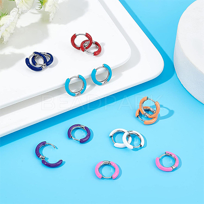 7 Pairs 7 Colors 304 Stainless Steel Chunky Huggie Hoop Earrings with Enamel for Women EJEW-DC0001-19-1