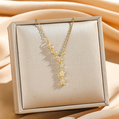 Brass Micro Pave Clear Cubic Zirconia Star Pendant 304 Stainless Steel Cable Chain Necklaces for Women WGC0A86-01-1