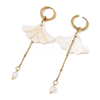 Freshwater Shell & Brass & 304 Stainless Steel Hoop Dangle Earrings EJEW-JE07258-1