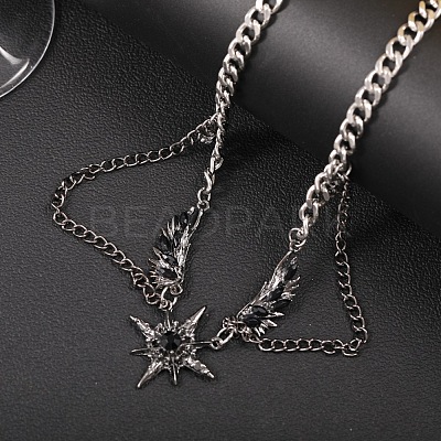304 Stainless Steel Jet Rhinestone Star with Wings Choker Necklaces for Women FS-WG57FF6-01-1
