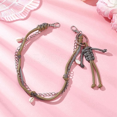 Polyester & Spandex Cord Rope Braided Human & Natural Cowrie Shell Charm Iron Chain Bag Decorative Chains AJEW-BA00173-01-1