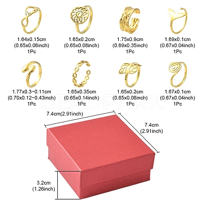 8Pcs 8 Style Flower & Leaf & Whale Tail & Snake Stainless Steel Open Cuff Ring Sets RJEW-FS0001-01-1