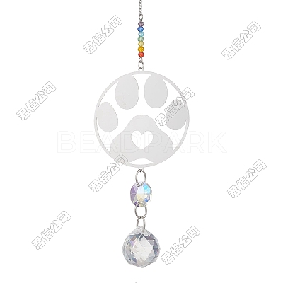 2Pcs 201 Stainless Steel Paw Print Shape & Rainbow Crystal Glass Hanging Suncatcher HJEW-TA00447-1