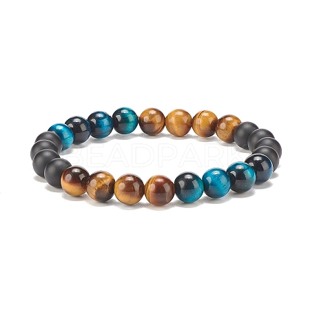 Natural Tiger Eye & Black Agate Round Beaded Stretch Bracelet BJEW-SZ0002-52D-1