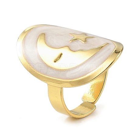 Oval & Moon 304 Stainless Steel Enamel Open Cuff Rings for Women RJEW-F166-29G-02-1