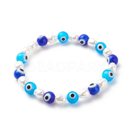 Lampwork Evil Eye & Plastic Pearl Stretch Bracelet for Women BJEW-JB08386-04-1