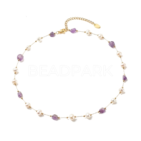Natural Amethyst & Pearl Beaded Necklace NJEW-JN03894-03-1