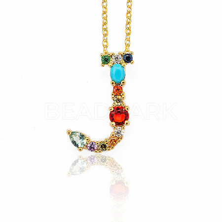 Golden Brass Micro Pave Cubic Zirconia Initial Pendants Necklaces NJEW-S069-JN002-J-1