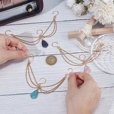 3Pcs Natural Rose Quartz Lapis Lazuli & Synthetic Turquoise Teardrop Charm Chain for Planters Decoration HJEW-OC00099-1