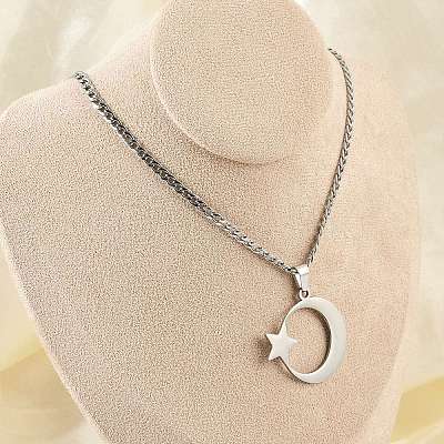 201 Stainless Steel Crescent Moon Star Pendant Twisted Chain Necklaces NJEW-S387-07P-1