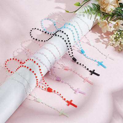 96Pcs 6 Colors Polyester & Resin Link Chain Rosary Bead Necklaces NJEW-GO0001-22-1