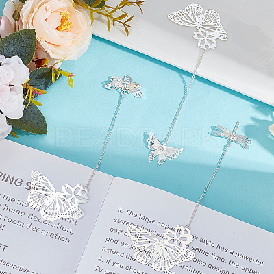 3Pcs 3 Styles Butterfly & Butterfly & Dragonfly Filigree Brass Bookmark with Chains AJEW-SC0002-93P-1
