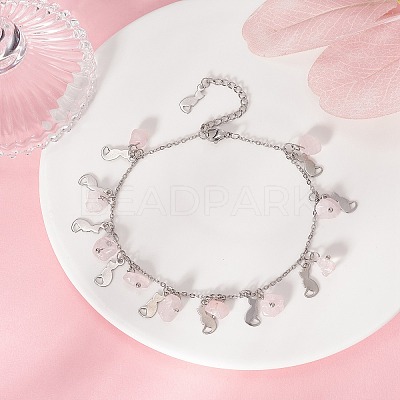 Natural Rose Quartz Chips & Cat Charms Anklet AJEW-AN00512-03-1