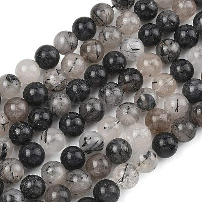 Natural Tourmalinated Quartz/Black Rutilated Quartz Beads Strands G-D361-01A-10mm-1