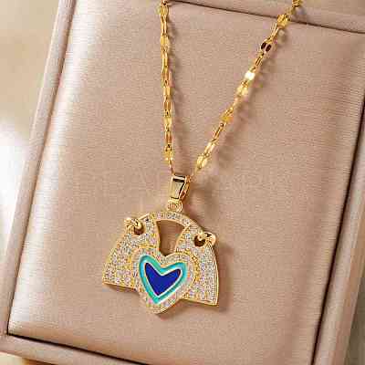 Brass Blue Enamel Fan with Heart Pendant Necklaces CL4028-1-1