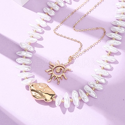 CCB Plastic Sun Pendant Alloy & Imitation Baroque Keshi Pearl Double Layer Necklaces for Women NJEW-Z116-01G-1