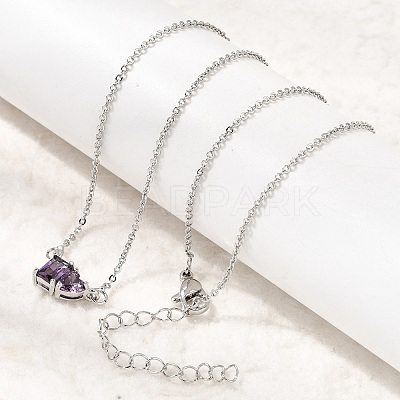 Brass Pave Cubic Zirconia Rectangle and Heart Pendant Cable Chain Necklaces KK-CBAB173-04P-03-1