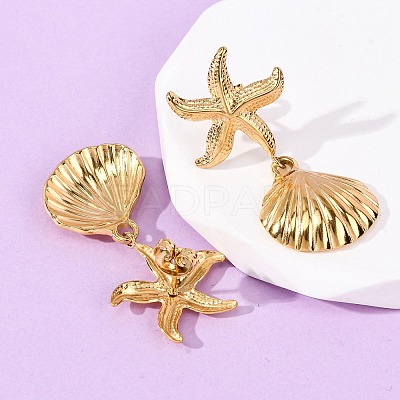 304 Stainless Steel Shell Shape with Starfish Shape Dangle Stud Earrings EJEW-Z135-02G-01-1
