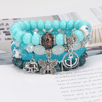 4Pcs Bohemian Style Alloy & Glass & Acrylic Charm Bracelets Set WG8E884-07-1