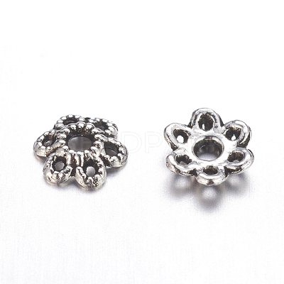 6-Petal Tibetan Style Alloy Hollow Flower Bead Caps TIBE-S221-AS-NR-1